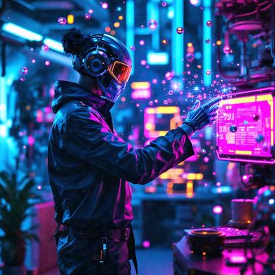 The primary subject of the image is a person wearing a futuristic outfit, including a helmet and a jacket. The person is standing in a room with a pink and purple color scheme, which gives the scene a futuristic and surreal atmosphere. The visual style of the image is a combination of photo and digital art, creating a unique and intriguing visual experience.